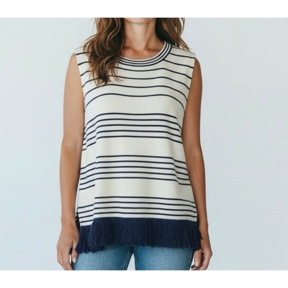 J. Crew Fringe Sleeveless Sweater Top Size Large Cream Blue Stripes Wool Blend